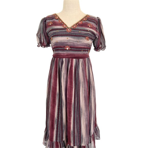 Unbranded Dresses & Skirts - Boho Beaded Striped V-Neck Empire Waist Midi Dress M Burgundy Mauve Puff Sleeve